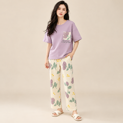 Lavender Floral Printed T-Shirt & Cream Wide-Leg Pajama Set – Article LP-01
