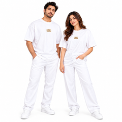 White Drop-Shoulder T-Shirt with Center Logo Unisex