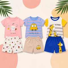 Kitty Print, Lucky Kid Car Print & Giraffe Print Girls Pack of 3 Summer Cotton Co-Ord Sets  ( Pack of three )
