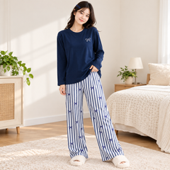Navy Blue Bow Strips Night Dress For Women