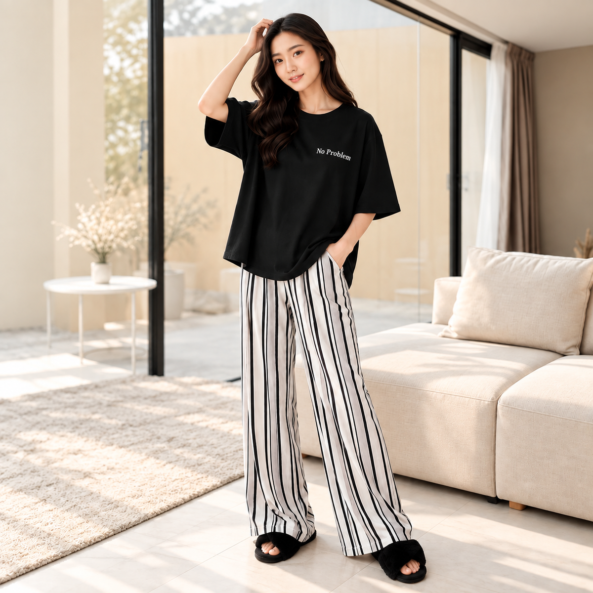 No Problem  Strips Print  Night Dress For Women