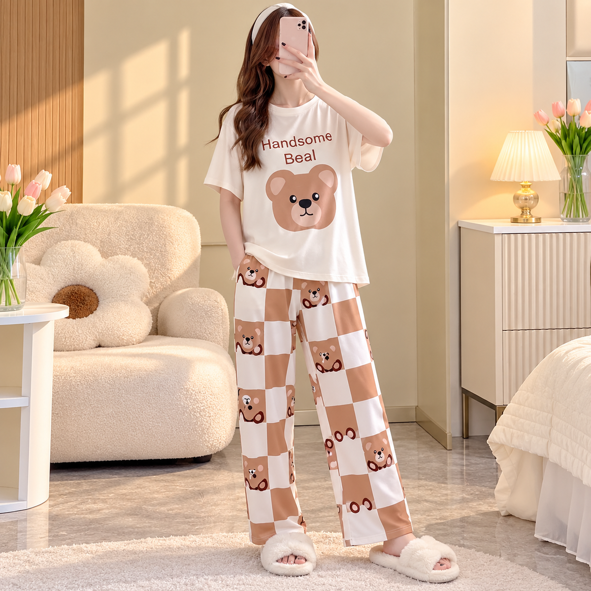 Cute Teddy Bear Checkered Night Suit for Women
