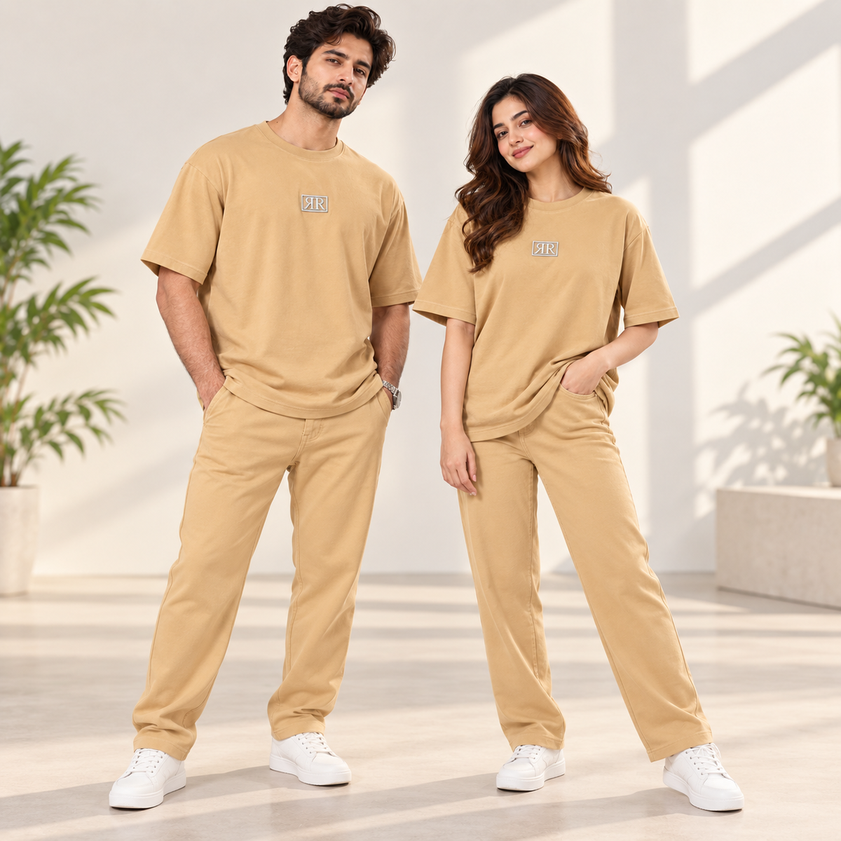 Desert Sand Drop-Shoulder T-Shirt with Center Logo Unisex