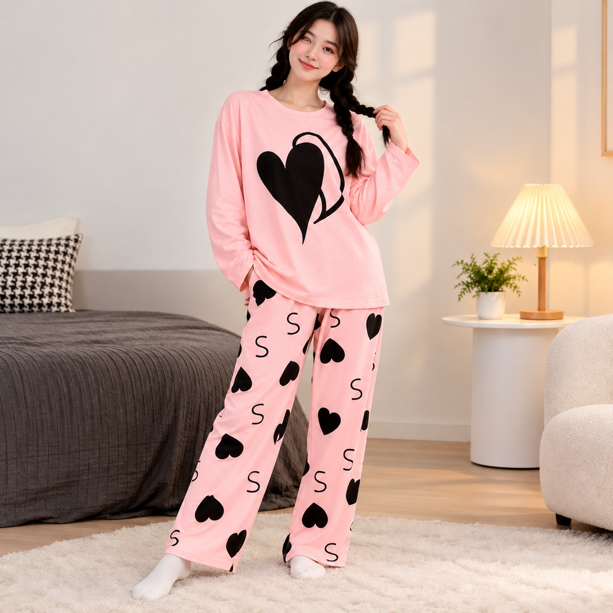 Heart and S Print  Night Dress For Women