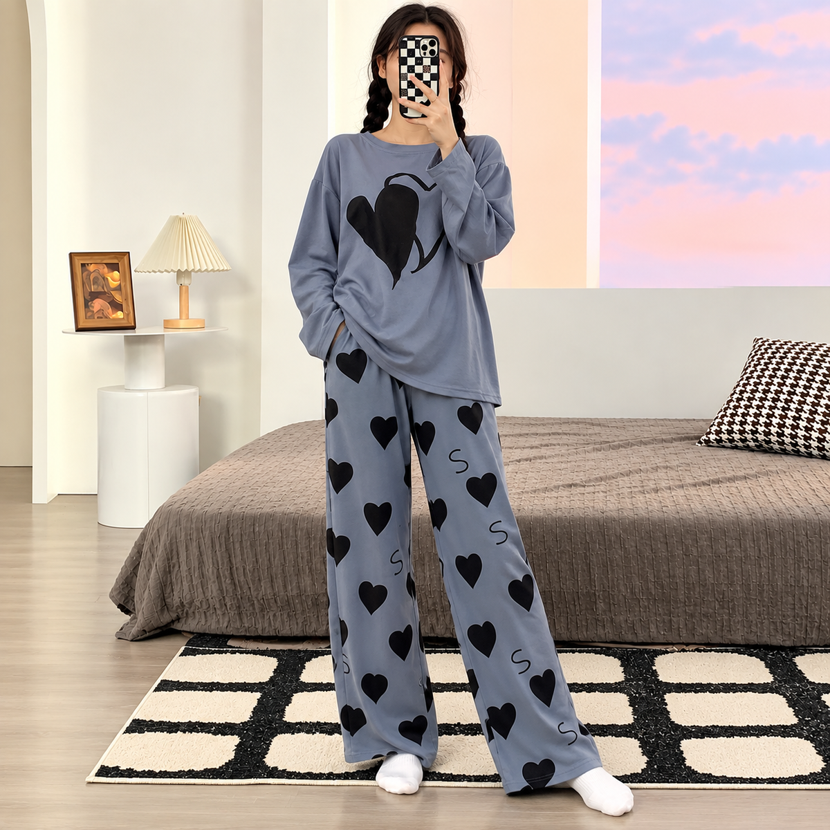 Charcoal Gray Heart Print Night Dress For Women