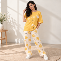 Yellow bear Print  Night Dress For Women