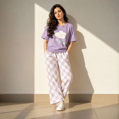 Purple & White Cloud Print Night Dress For Women