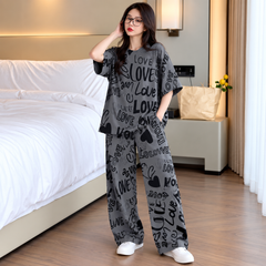 Gray Black Love Print Night Dress For Women