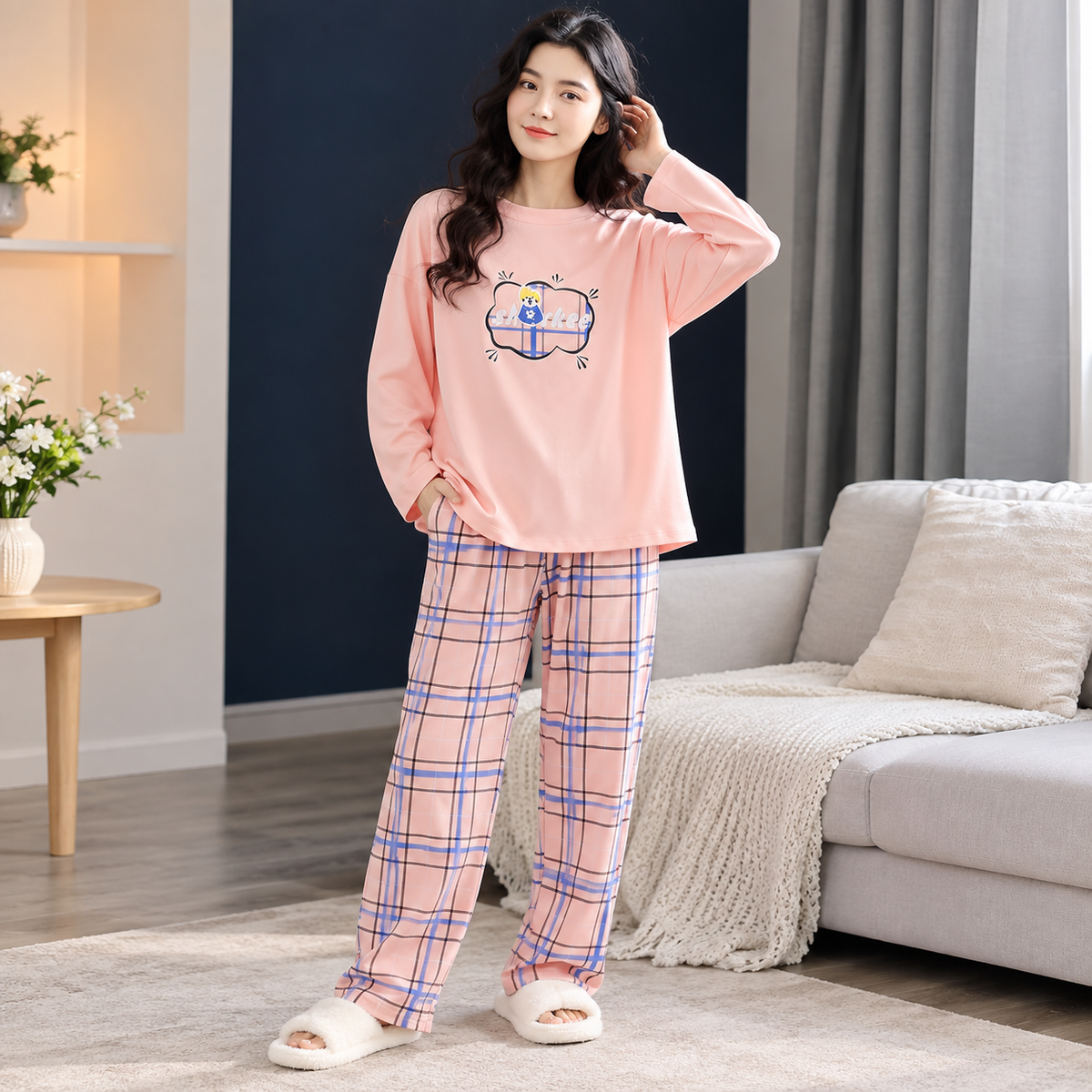 Peach Checkered  Print Night Dress For Women