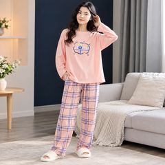 Peach Checkered  Print Night Dress For Women