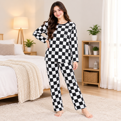 Black and White Checkered Print Night Dress For Women
