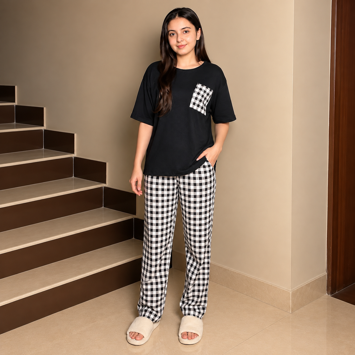 Navy Blue Checkered Print Night Dress For Women