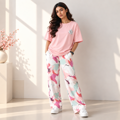 Pink Butterfly Print Night Dress For Women