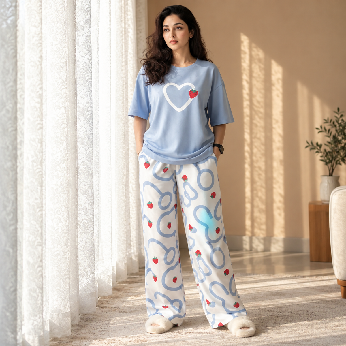 Sky Blue Heart and Strawberry Print Night Dress For Women