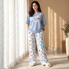 Sky Blue Heart and Strawberry Print Night Dress For Women