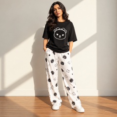White and Black Kitty  Printed  Night Dress For Women