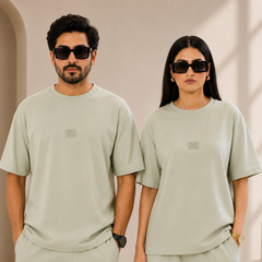 Sage Green Drop-Shoulder T-Shirt with Center Logo Unisex