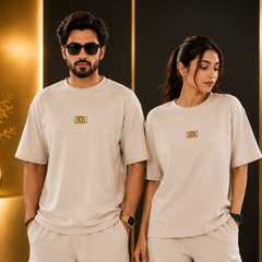 Oatmeal Drop-Shoulder T-Shirt with Center Logo Unisex