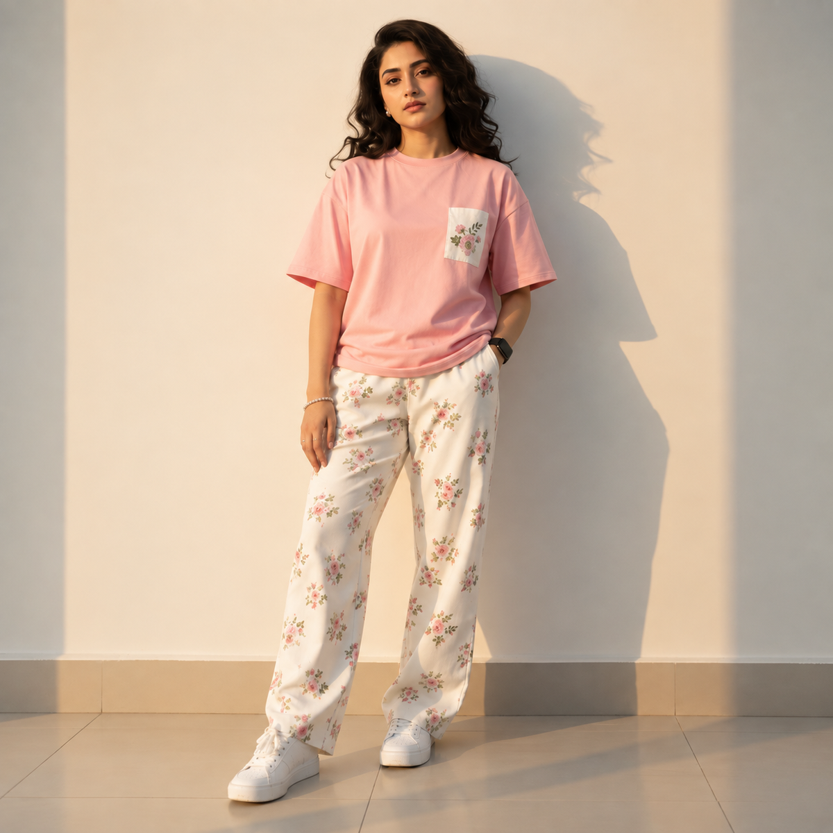 Pink & White Flower Printed  Night Dress For Women