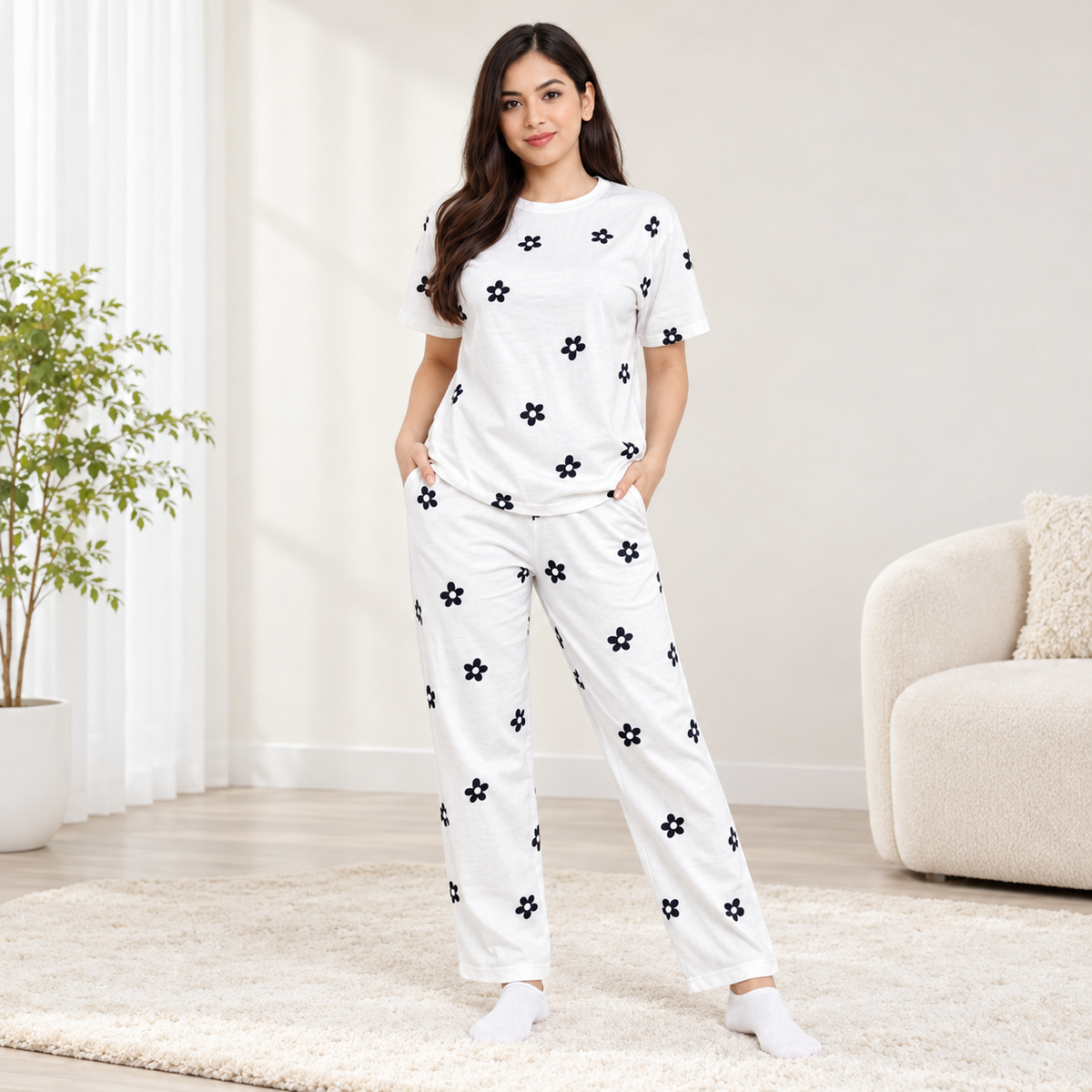 White & Black Flower Printed  Night Dress For Women