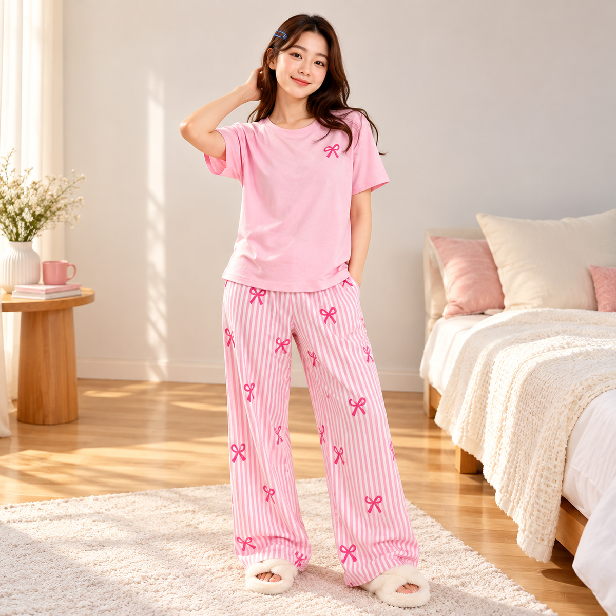 Pink Bow Print Striped Night Dress For Women