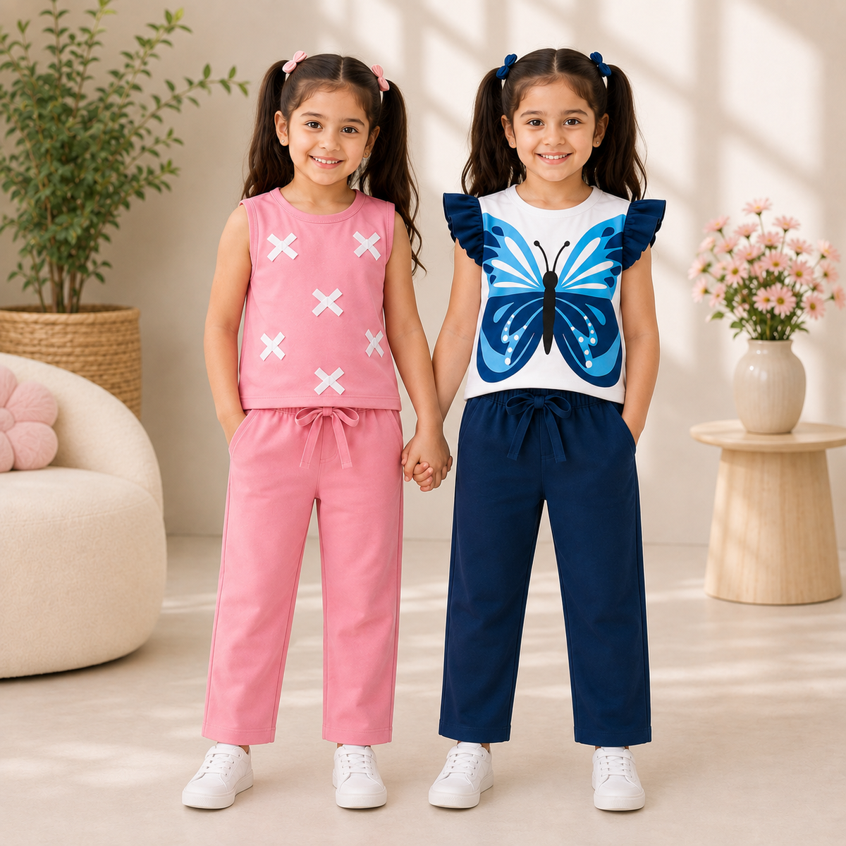 Girls Cotton Sleeveless Top & Trouser 2-Piece Casual Outfit Set Pack of two