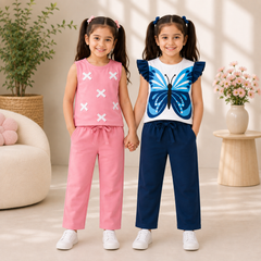 Girls Cotton Sleeveless Top & Trouser 2-Piece Casual Outfit Set Pack of two