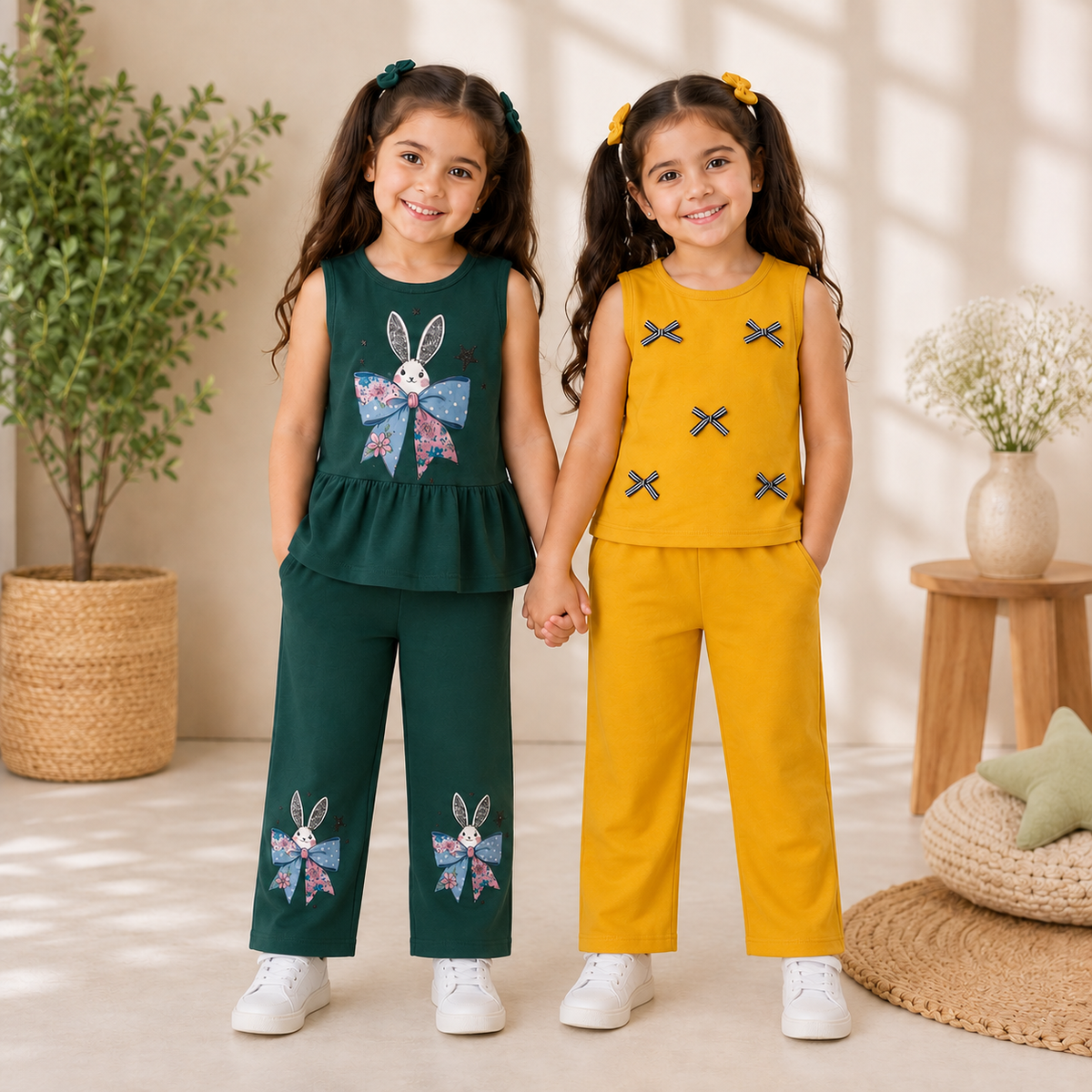 Cotton Sleeveless Printed & Bow Detail 2-Piece Co-Ord Outfit Set Pack of two