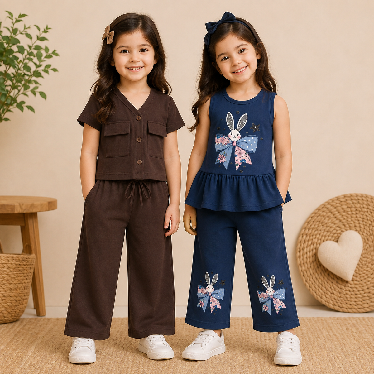 Brown & Navy Wide-Leg Outfit (Pack of 2)