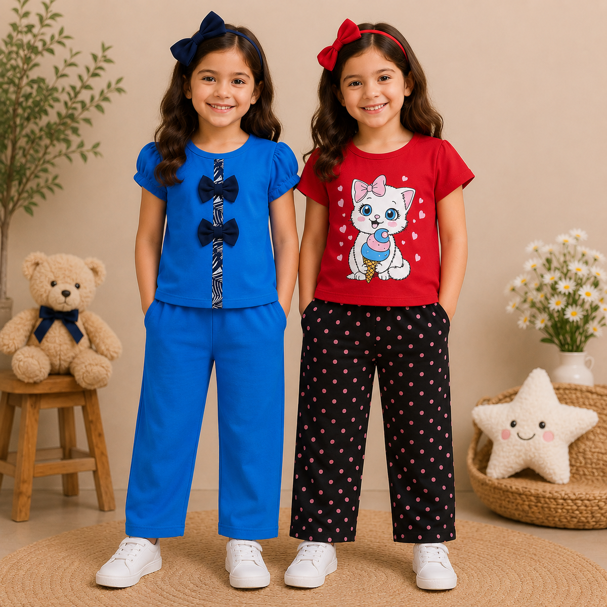 Blue Bow & Red Kitty Print (Pack of 2)