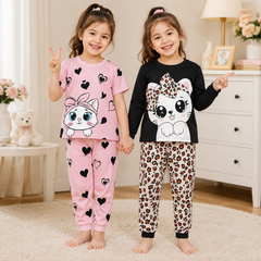 Girls Pink Kitty Hearts & Girls Black Kitty Leopard Print Night Suit Set