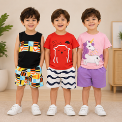 Geometric Print Sleeveless & Red Bear Graphic & Unicorn Graphic T-Shirt &  Shorts Co-Ord Set