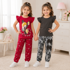 Cartoon Graphic Flutter Sleeve & 2-Piece Casual Outfit Set
