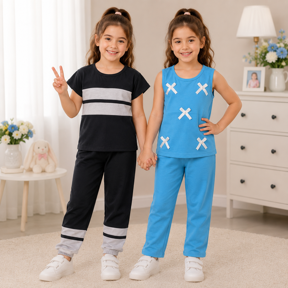 Color Block T-Shirt & Sleeveless Printed Top with Trousers  Pack of two