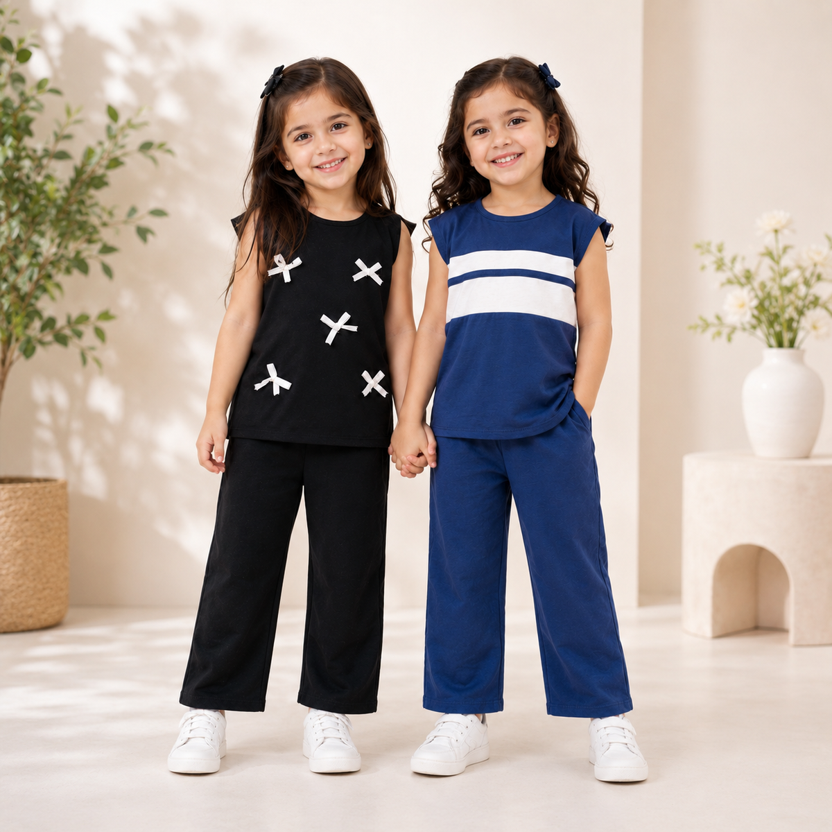 Cotton Sleeveless Top & Wide Leg Trouser 2-Piece Outfit Set Pack of two