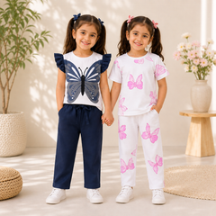 Girls Butterfly Print Flutter Sleeve Cotton Co-Ord Set Pack of two