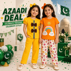 Yellow Bow & Orange Rainbow Night Suit Cotton Summer Co-Ord Set ( Pack of two ) D30