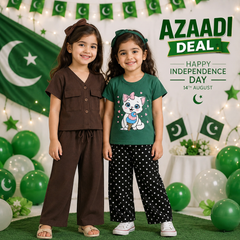 Brown Pocket Set & Green Kitty Print Set Premium Cotton Summer Co-Ord Set ( Pack of Two ) D31
