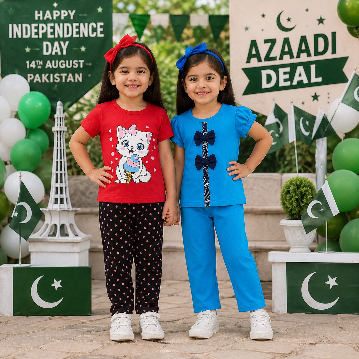 Red Kitty & Blue Bow Summer Co-Ord Sets  ( Pack of two ) D32