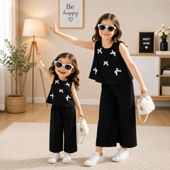 Black : Girls Stylish Sleeveless Top & Wide-Leg Pants Co-Ord Set