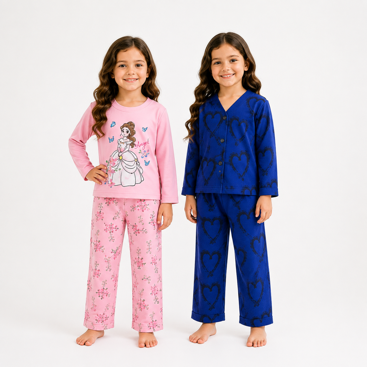 V Neck Blue Heart + Pink Princess Girl  (Pack of 2)