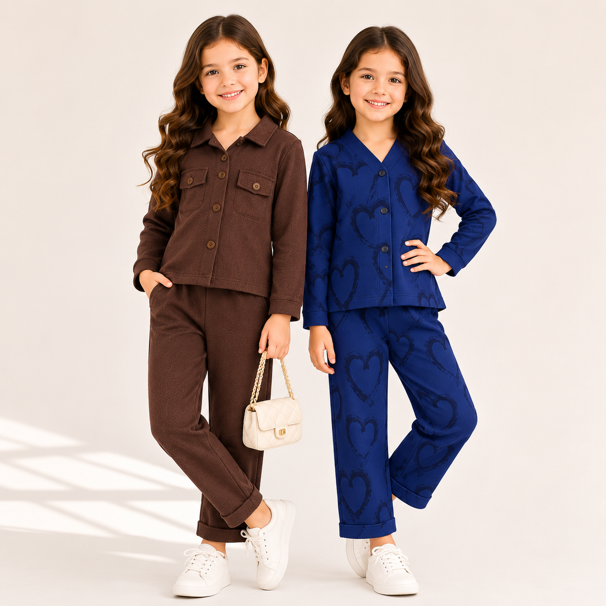 V Neck Blue Heart + Brown Full Sleeves Shirt Double Poket  (Pack of 2)