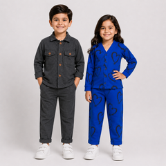 Charcol Full Sleeves Shirt  + V Neck Double Blue Heart  (Pack of 2)