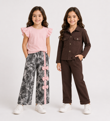 Choclate Brown Full Slevess +Pink Short Shirt With Riboon Style Pjama (Pack of 2)