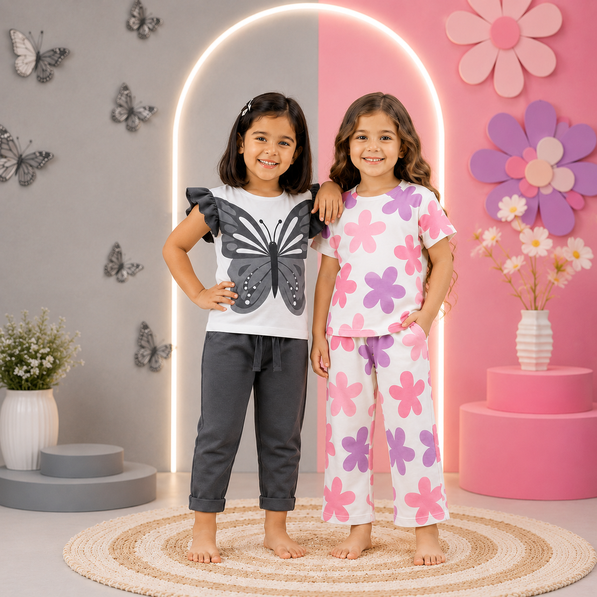 Grey Magic Butterfly  + Girl With Multy Flower Set (Pack of 2)