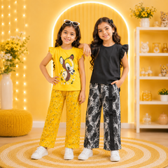 Black Short Shirt And Riboon Pajama + Yellow Cute Girl Set (Pack of 2)