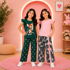 Pink Short Shirt And Riboon Pajama + Green Cute Girl Set (Pack of 2)