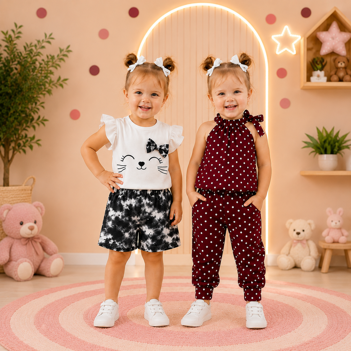 White Black Tie-And-Die  + Maroon Dot  Short Set (Pack of 2)