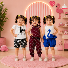 Maroon Dot + Pink Blushing Duck+ White Black Tie-And-Die Short  Set (Pack Off 3)