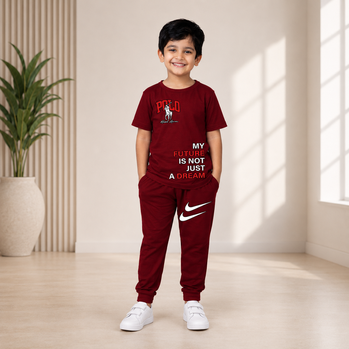 Boys Mehroon POLO Graphic Co-Ord Set – Premium Cotton Summer Outfit